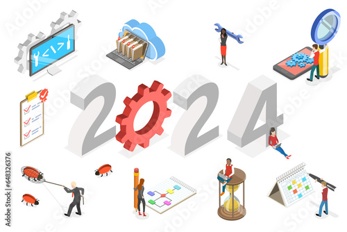 3D Isometric Flat Conceptual Illustration of New Year 2024 And Software Development, Agile Project Management