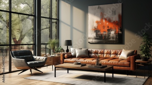 Mid-century style home interior design of modern living room. Generative AI © Ilugram