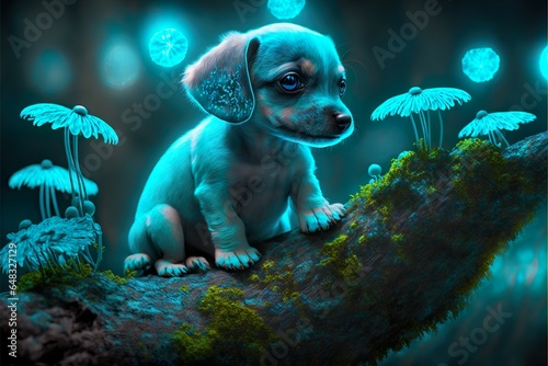 puppy are sitting in the tree with blue light effect mushroom 