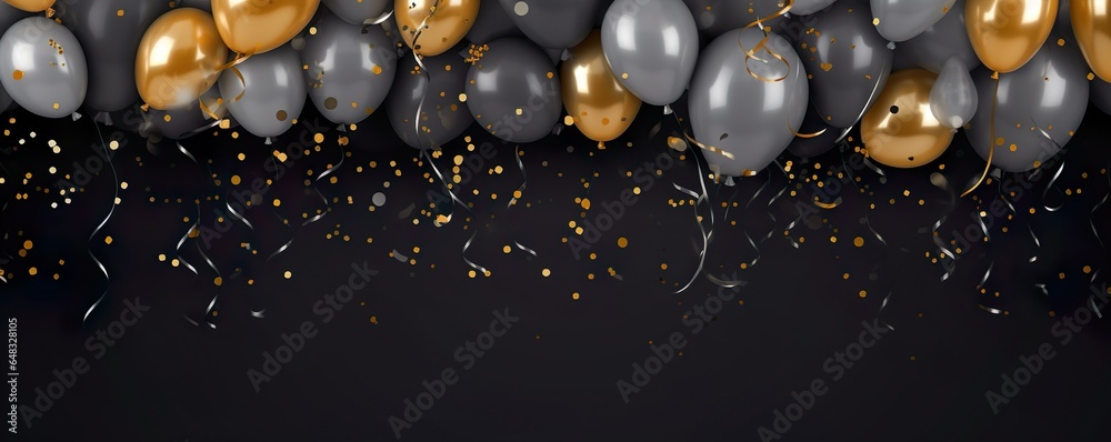 Golden and silver gray metallic balloons and confetti on dark background. Birthday, holiday or party background. Empty space for text. Festive greeting card | Generative AI - obrazy, fototapety, plakaty 