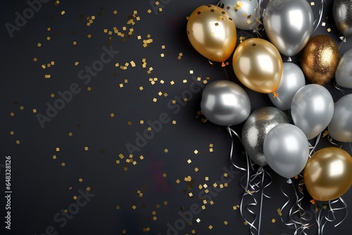 Golden and silver gray metallic balloons and confetti on dark background. Birthday, holiday or party background. Empty space for text. Festive greeting card | Generative AI