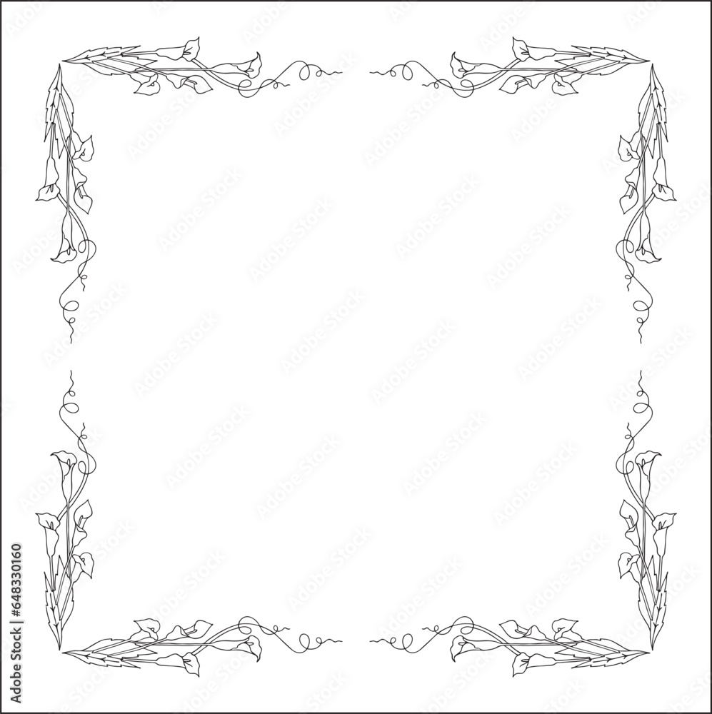 Black and white vegetal ornamental frame with kala flowers, decorative border, corners for greeting cards, banners, business cards, invitations, menus. Isolated vector illustration.
