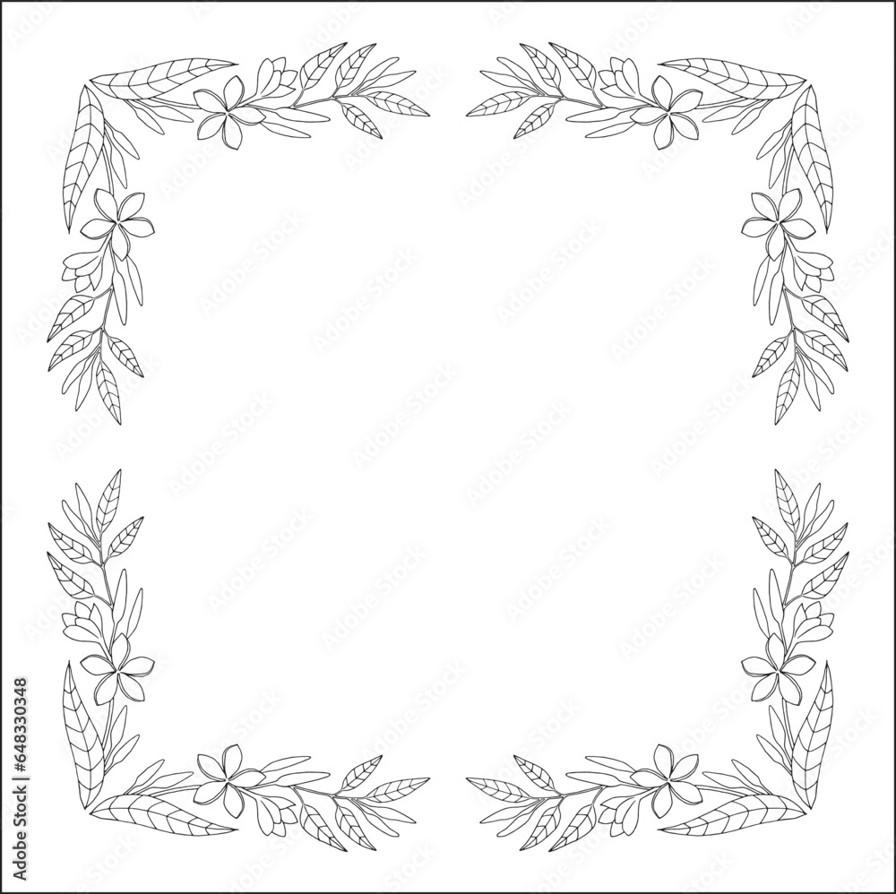 Black and white vegetal ornamental frame with plumeria flowers, decorative border, corners for greeting cards, banners, business cards, invitations, menus. Isolated vector illustration. Black and white vegetal ornamental frame with plumeria flowers, decorative border, corners for greeting cards, banners, business cards, invitations, menus. Isolated vector illustration.
