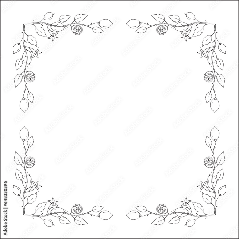 Vegetal ornamental frame with citrus fruits, leaves and flowers, border, corners for greeting cards, banners, business cards, invitations, menus. Isolated vector illustration. Vegetal ornamental frame with citrus fruits, leaves and flowers, border, corners for greeting cards, banners, business cards, invitations, menus. Isolated vector illustration.