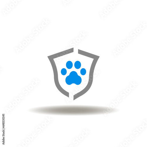 Vector illustration of shield and paw print. Icon of pet care. Symbol of animal protection, insurance. Sign of veterinary.