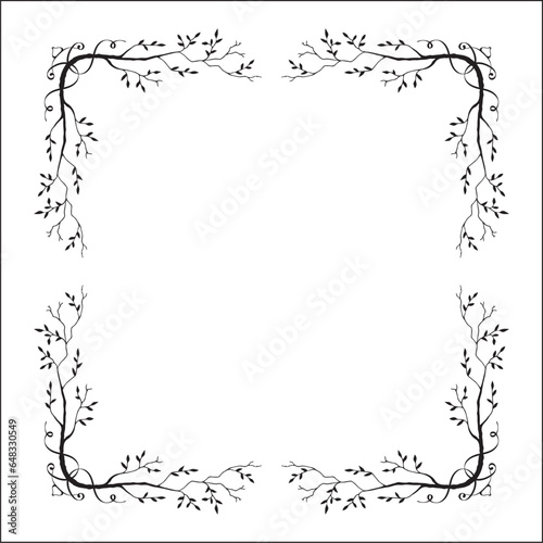 Black and white vegetal ornamental frame with tree branches, decorative border, corners for greeting cards, banners, business cards, invitations, menus. Isolated vector illustration.