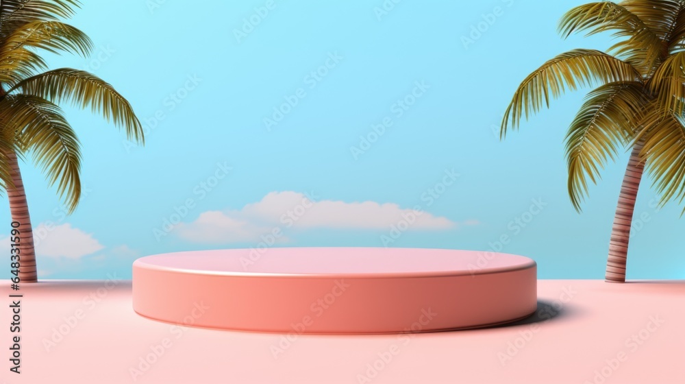 Obraz premium Summer theme. Empty podium design for product display. Background for presentation or showcase pedestal product branding, identity and packaging. 3d rendering illustration template mockup. 