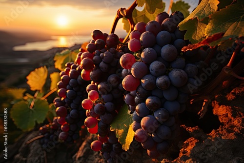 A vineyard landscape with ripe grape clusters in the warm sunset light 