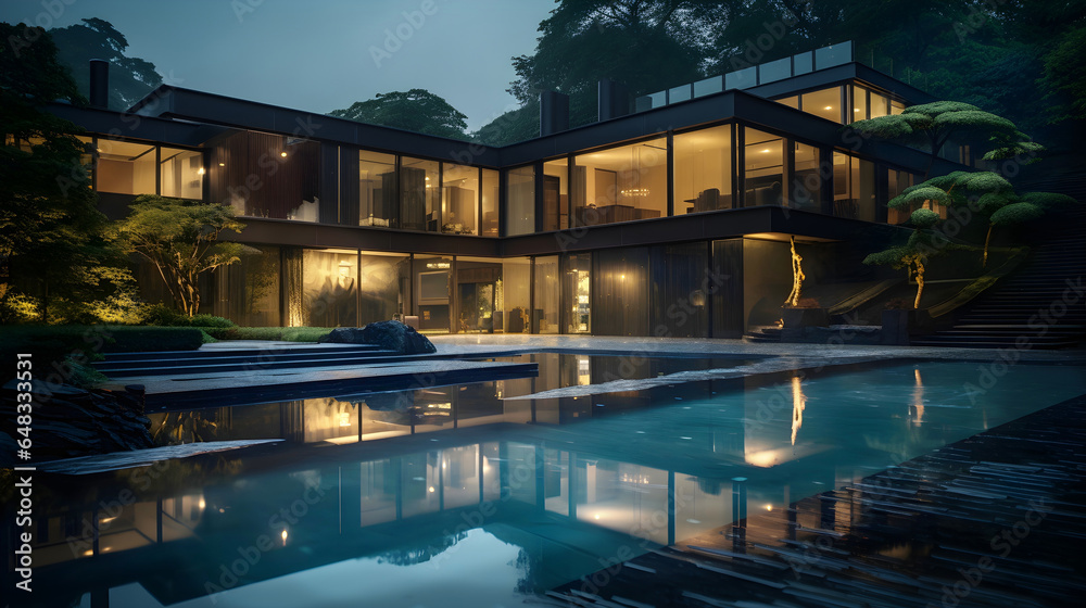As twilight envelops the scene, the exterior of this luxurious modern home exudes elegance and sophistication, with its impressive architectural design and tranquil ambiance, offering a picturesque an