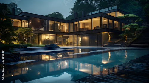 As twilight envelops the scene, the exterior of this luxurious modern home exudes elegance and sophistication, with its impressive architectural design and tranquil ambiance, offering a picturesque an © BCFC