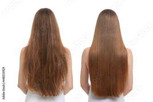 Woman before and after hair treatment on white background, back view. Collage showing damaged and healthy hair photo