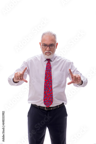 Old businessman pressing virtual button isolated on white