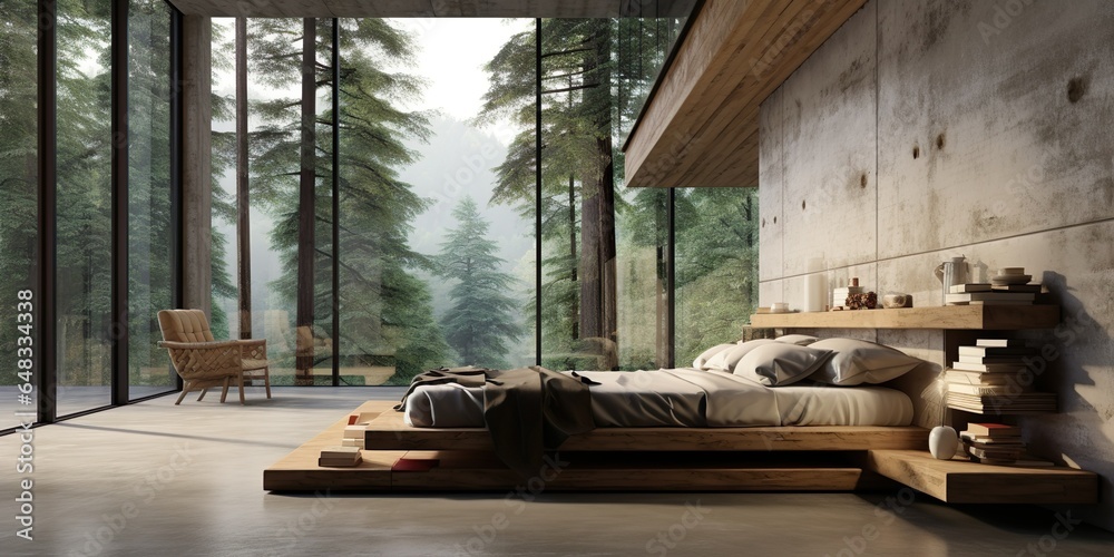 High panoramic window and concrete floor. Interior design of modern bedroom with wooden bed | Generative AI High panoramic window and concrete floor. Interior design of modern bedroom with wooden bed | Generative AI