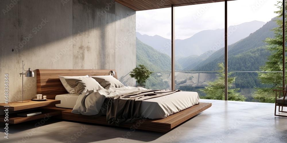 High panoramic window and concrete floor. Interior design of modern bedroom with wooden bed | Generative AI