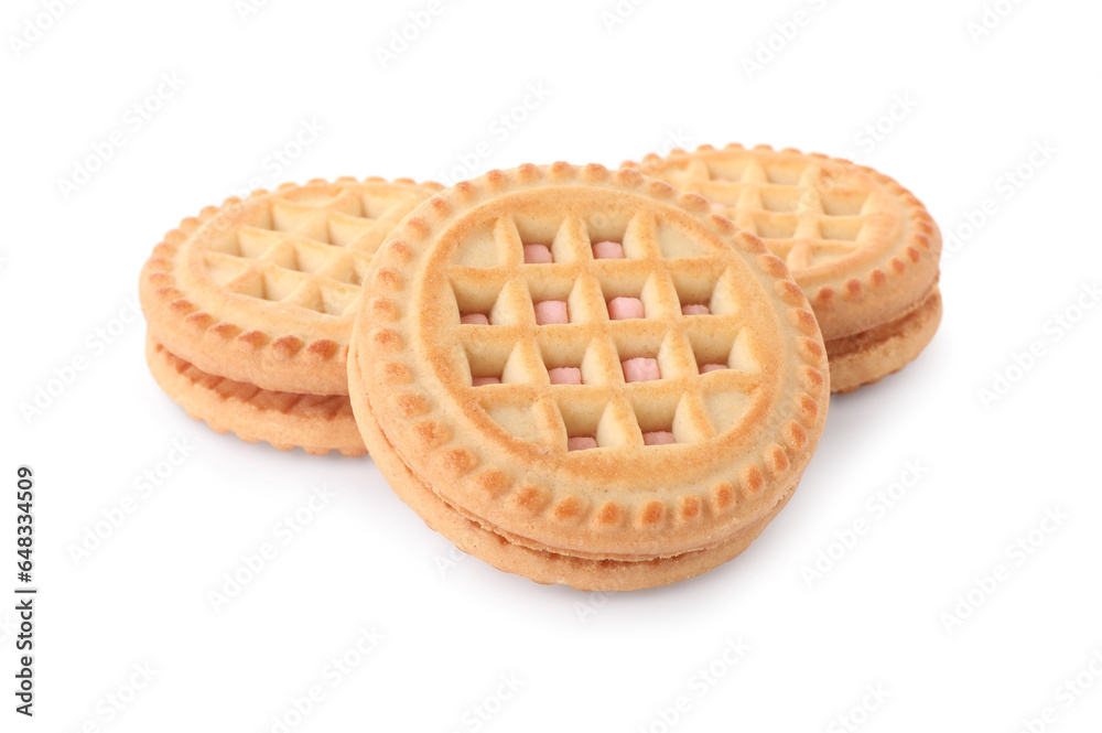 Tasty sandwich cookies with cream isolated on white Tasty sandwich cookies with cream isolated on white