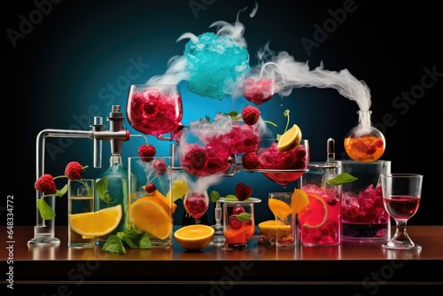 Colorful cocktails with fruits and smoke on the bar counter, Mixed media, colorful fruit cocktails, chilled drinks