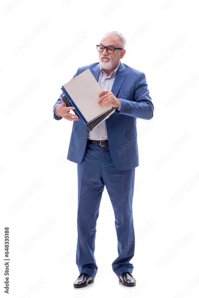 Old boss holding heavy pile isolated on white