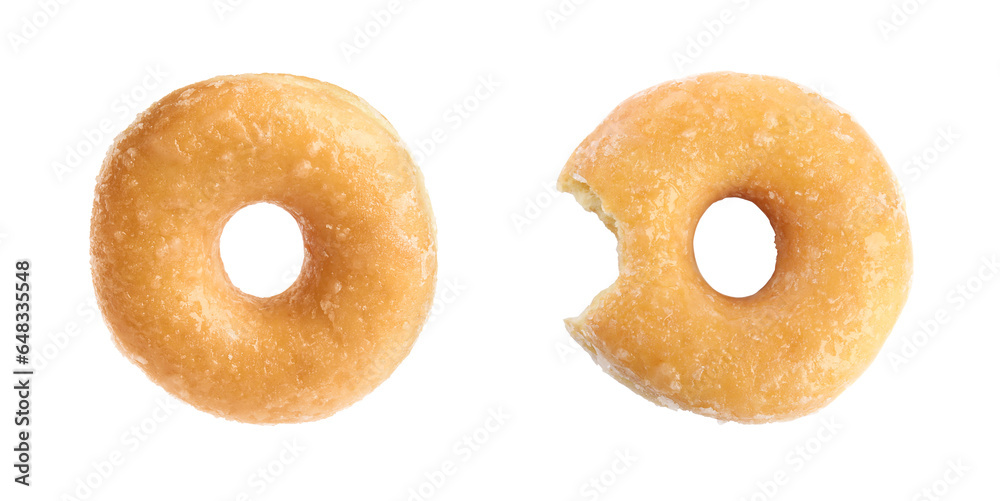 Whole and bitten tasty donuts with sprinkles isolated on white Whole and bitten tasty donuts with sprinkles isolated on white