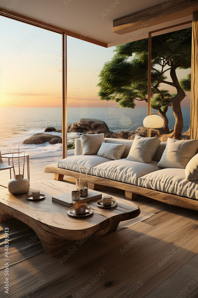 Fototapeta premium Coastal life interior design. AI generative