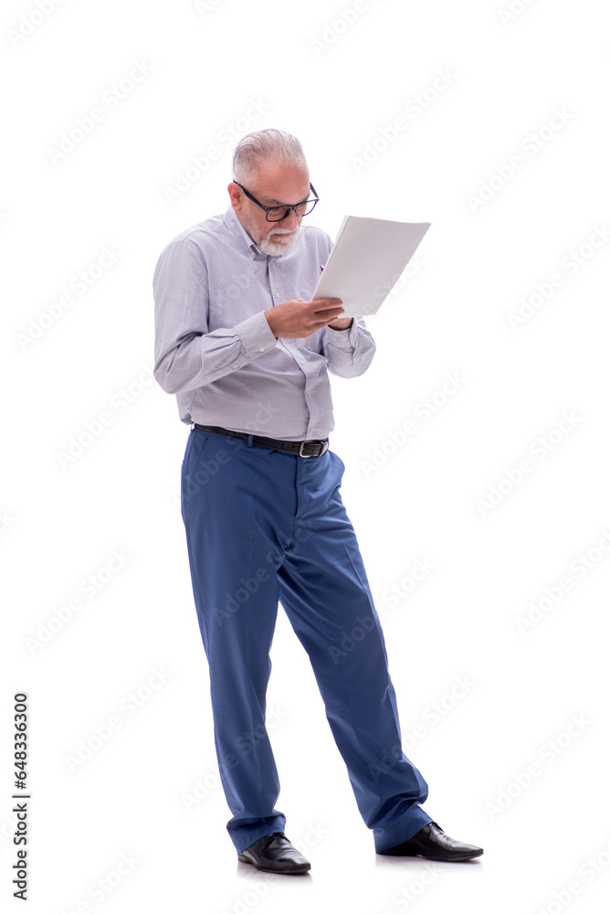 Old businessman reading paper isolated on white Old businessman reading paper isolated on white