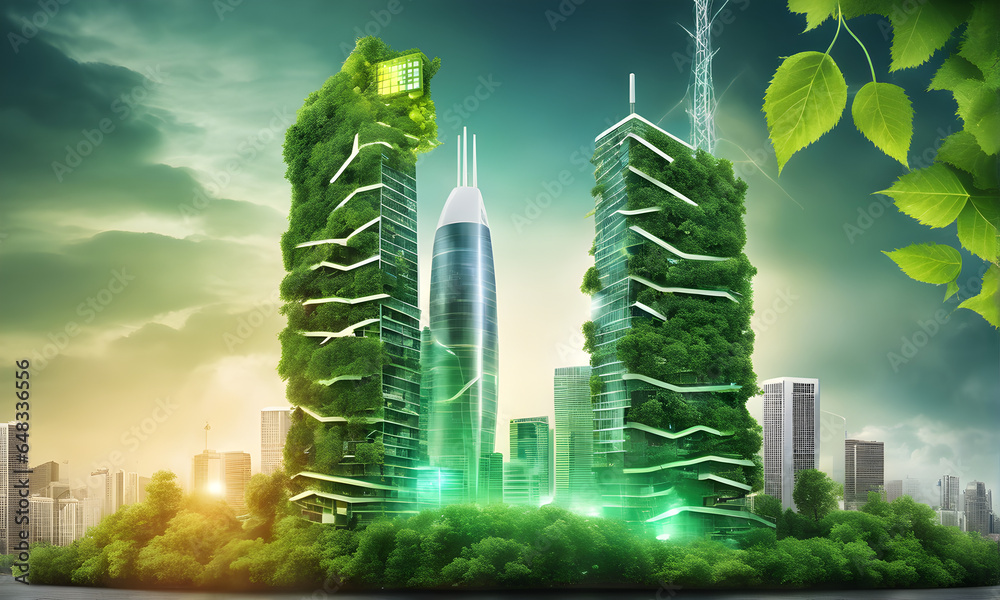 Concept of technology and environmental protection, artificial intelligence and nature integrated into the environment