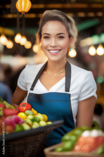 A beautiful smiling vendor at a food stall on the street. Generative AI_27.