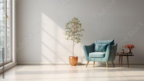 Wall mock up in warm tones with blue armchair on white wall background.