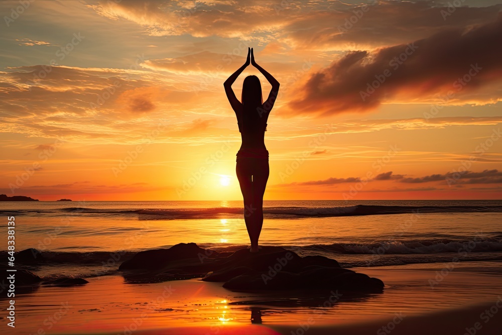 A young woman practicing yoga on the beach at sunset