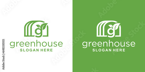 Greenhouse logo design vector. Letter G And Green leaf illustration symbol. House and leaf vector icon. Leaf Greenhouse Logo Template Vector
