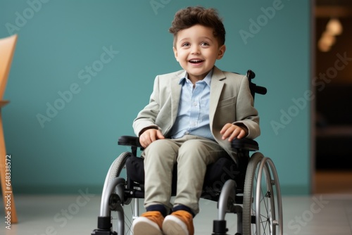 Disabled child in a wheelchair. Portrait of a kid with a disability