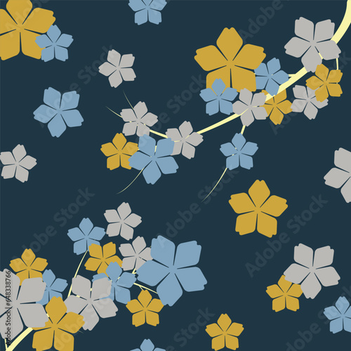 This is a traditional Japanese Sakura (Cherry blossom) flower pattern often used in kimono designs. Light blue and gold flowers in navy blue background