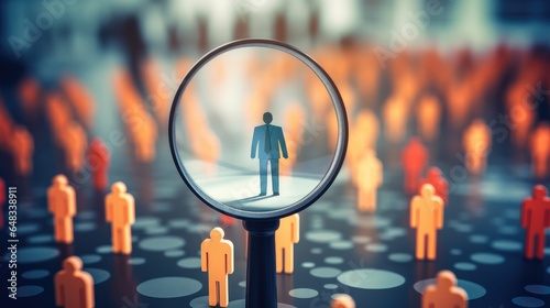 HRM or Human Resource Management, Magnifier glass focus to manager icon which is among staff icons for human development recruitment leadership and customer target. resume, interview. generate by AI