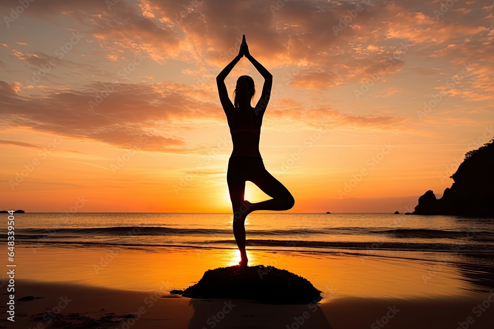 silhouette of a woman doing yoga A young woman practicing yoga on the beach at sunset 