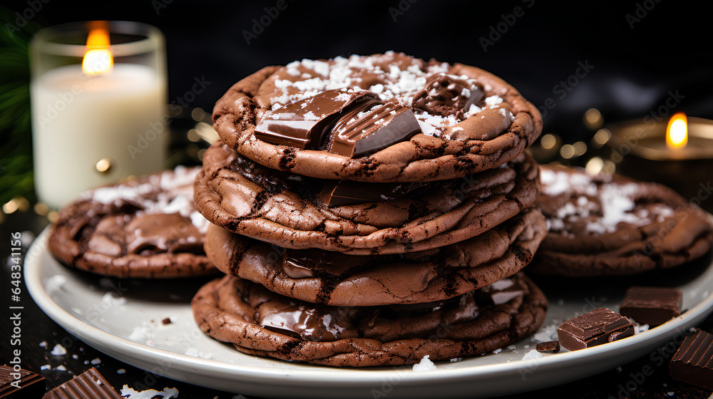 Double chocolate cookies with chocolate chips and flaky salt stacked on a plate