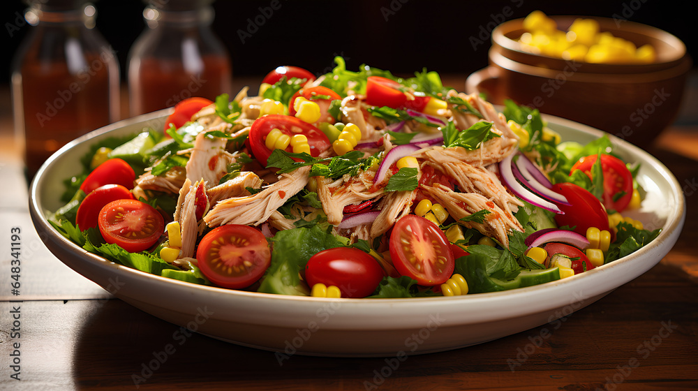 Fresh vegetable salad with corn and chicken with lemon vinaigrette dressing