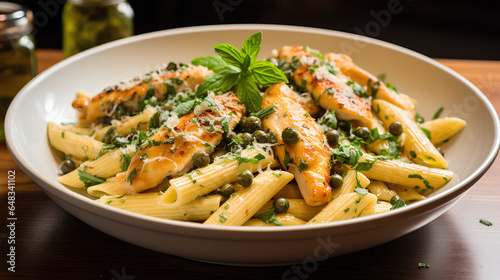 Chicken piccatta with penne pasta  parmesan  lemon and capers