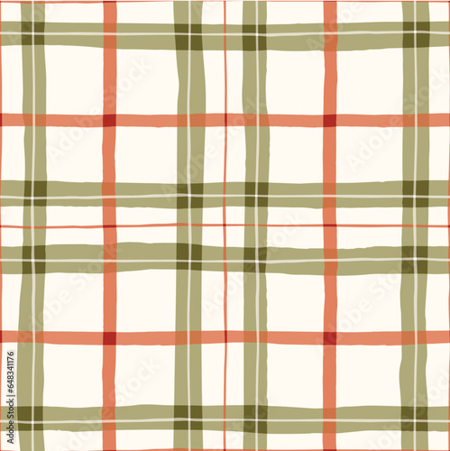 Festive Hand-Drawn Checked Vector Seamless Pattern. Classic Style with Watercolor Effect. Christmas Tartan Plaid.