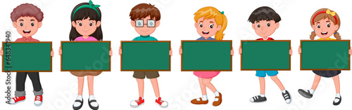 Illustration of the six kids with empty green board on a white background. Vector illustration