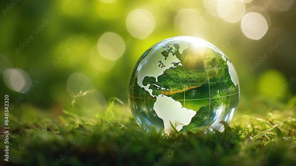 Green cystal globe ball, CSR, eco sustainable business, environmental concept, Generative AI