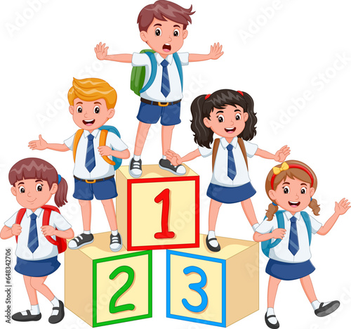 Happy little kids with number blocks. cute students with number blocks. Vector illustration