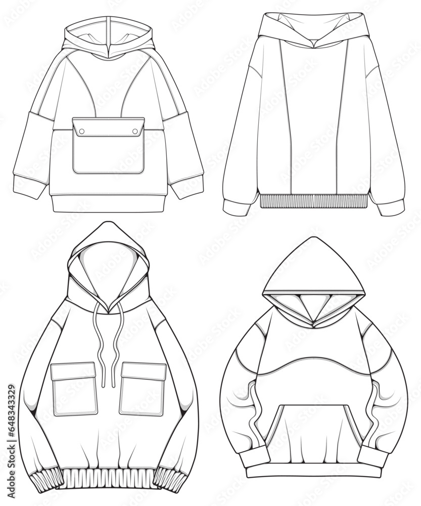 © dewi - Oversized hoodie technical fashion illustration with relaxed fit, long sleeves. Flat outwear jumper apparel template. Women, men, unisex sweatshirt top mockup