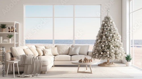 Scandinavian style living room with Christmas tree and decorations, Happy holidays and New year 2024