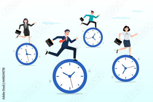 Business people riding clock to finish work assignment, deadline or busy work, time management, team productivity, work efficiency or fast speed to complete within time countdown, performance (Vector)