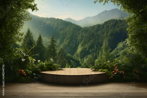 Plain wooden podium for product with green landscape background
