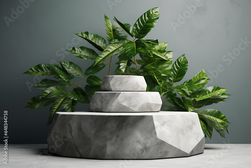 Minimal grey rocks for product presentation adorned with green leaves photo