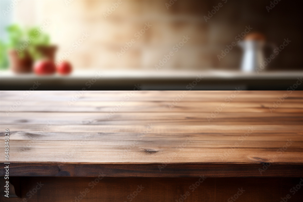 Close Up of Empty Wooden Kitchen Counter Top, Blurred Background in Rustic Kitchen for Food and Drink Mockups, Generative AI Close Up of Empty Wooden Kitchen Counter Top, Blurred Background in Rustic Kitchen for Food and Drink Mockups, Generative AI