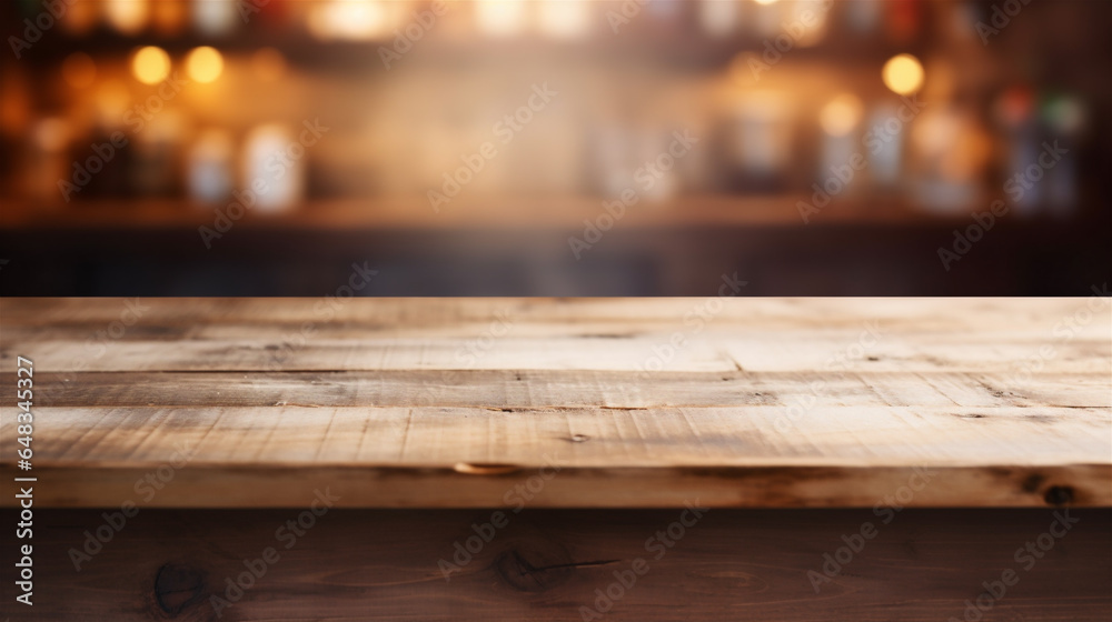 Close Up of Empty Wooden Kitchen Counter Top, Blurred Background in Rustic Kitchen for Food and Drink Mockups, Generative AI Close Up of Empty Wooden Kitchen Counter Top, Blurred Background in Rustic Kitchen for Food and Drink Mockups, Generative AI