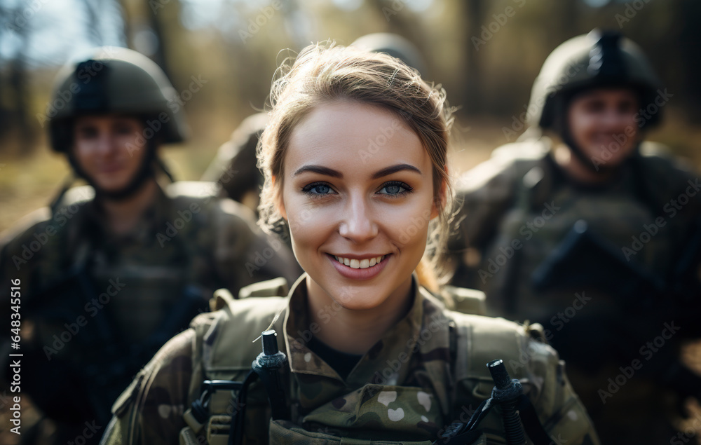 A young adult soldier proudly wears her uniform, ready for another mission. Woman soldier face radiates a genuine smile and happiness.
