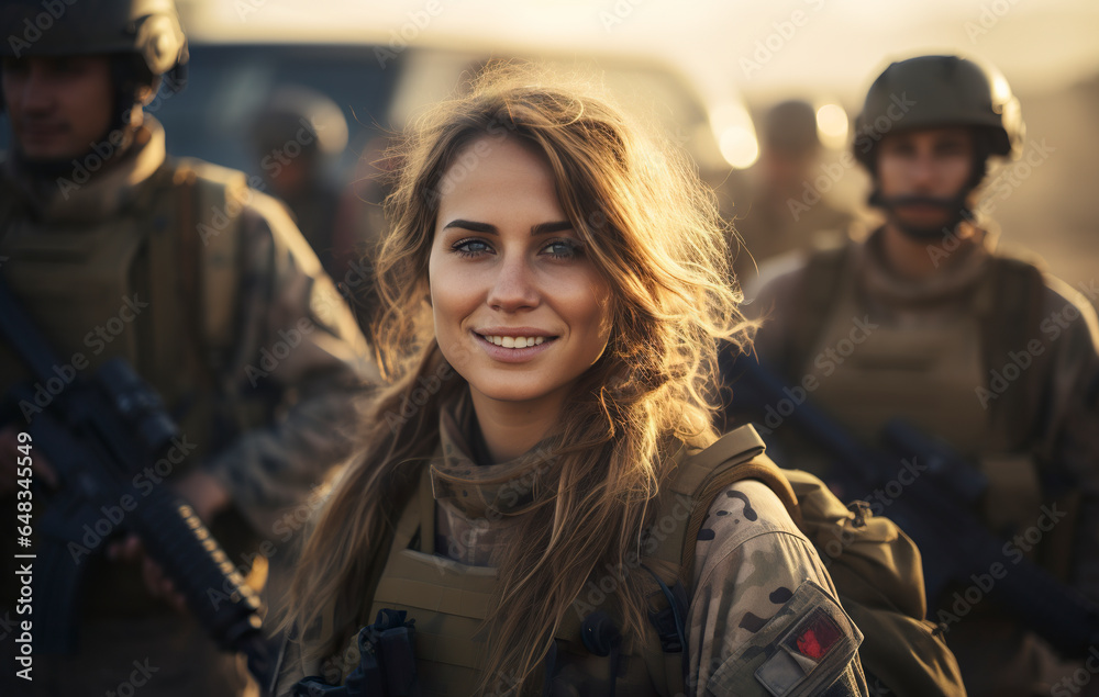 A young adult soldier proudly wears her uniform, ready for another mission. Woman soldier face radiates a genuine smile and happiness. A young adult soldier proudly wears her uniform, ready for another mission. Woman soldier face radiates a genuine smile and happiness.