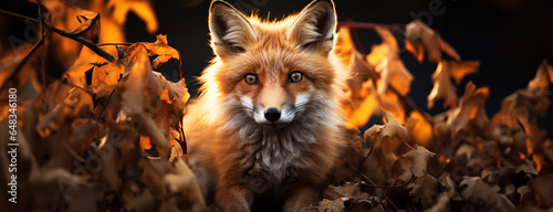 Fox, Seasonal Surprise. Adorable Red Fox Peeking from Autumn Foliage.